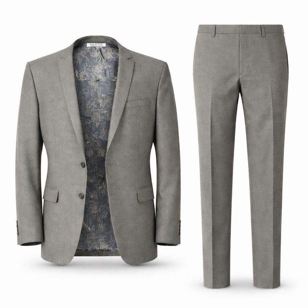 Tazio Italy 2Pc Suit Mens 46L 40W Ultra Slim Gray Wool Blend Career